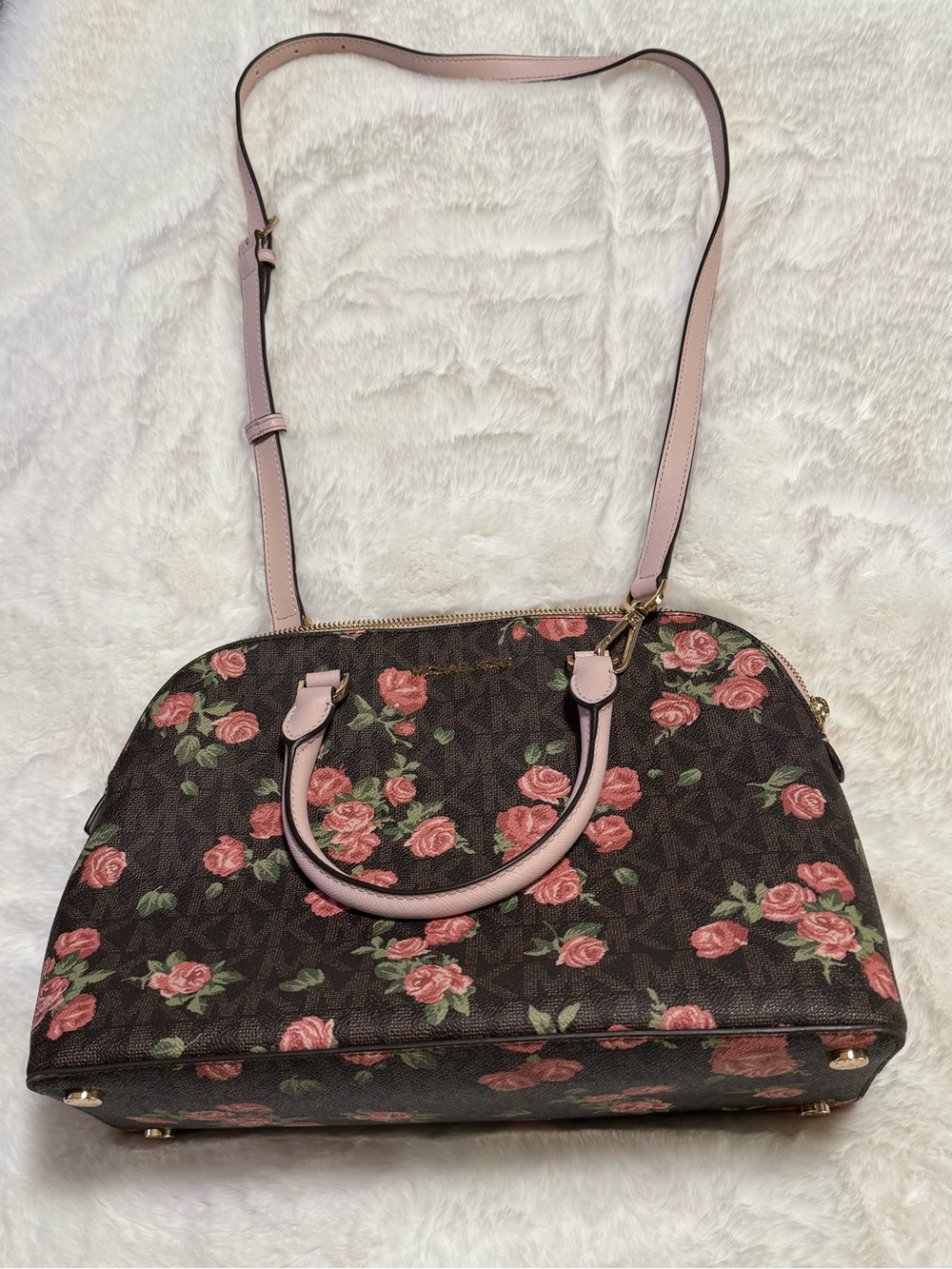 Michael Kors Brown Floral Shoulder Bag with Pink Trim - Picture 2 of 11